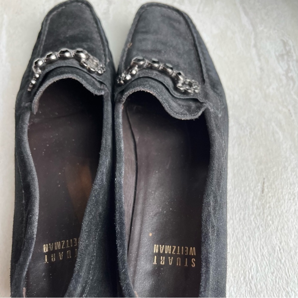 ** Stuart Weitzman Driving Loafers Black Leather Size 7.5 Crystal Embellished - Picture 6 of 10